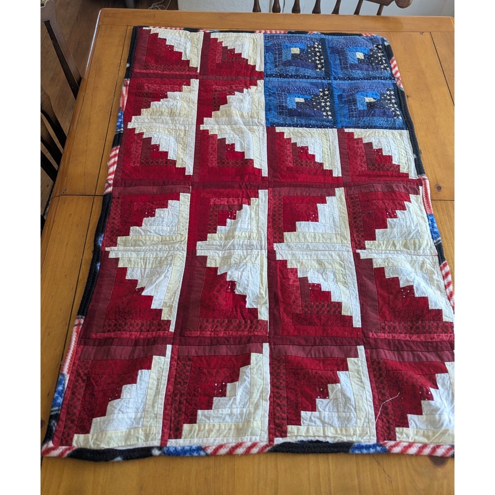 Handmade American Flag Baby Patchwork Quilt Fleece Backed Patriotic 42x28